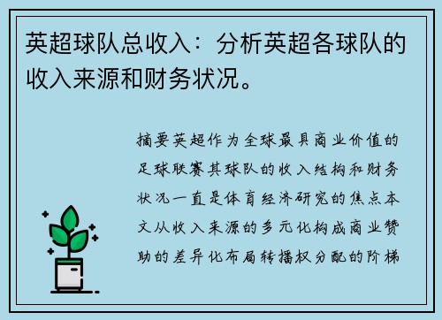 英超球队总收入：分析英超各球队的收入来源和财务状况。